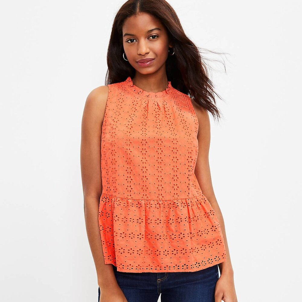 LOFT Orange Eyelet Peplum Sleeveless Top